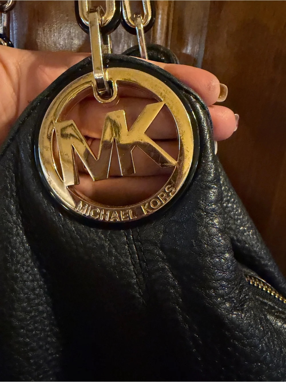 Michael Kors “Fulton” Black Pebbled Leather Hobo Bag with Gold Hardware